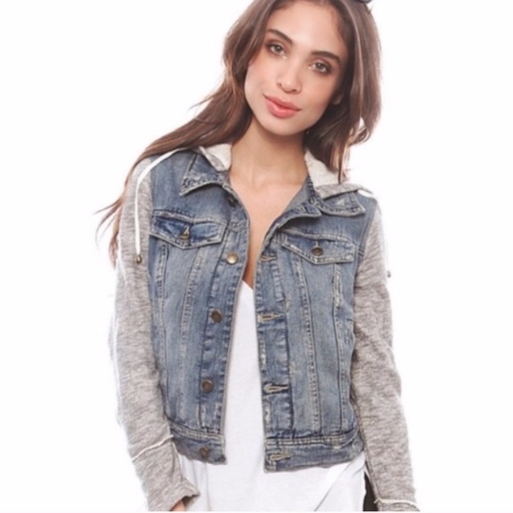 Free People Jean, Grey Knit Jacket Combo with Hood